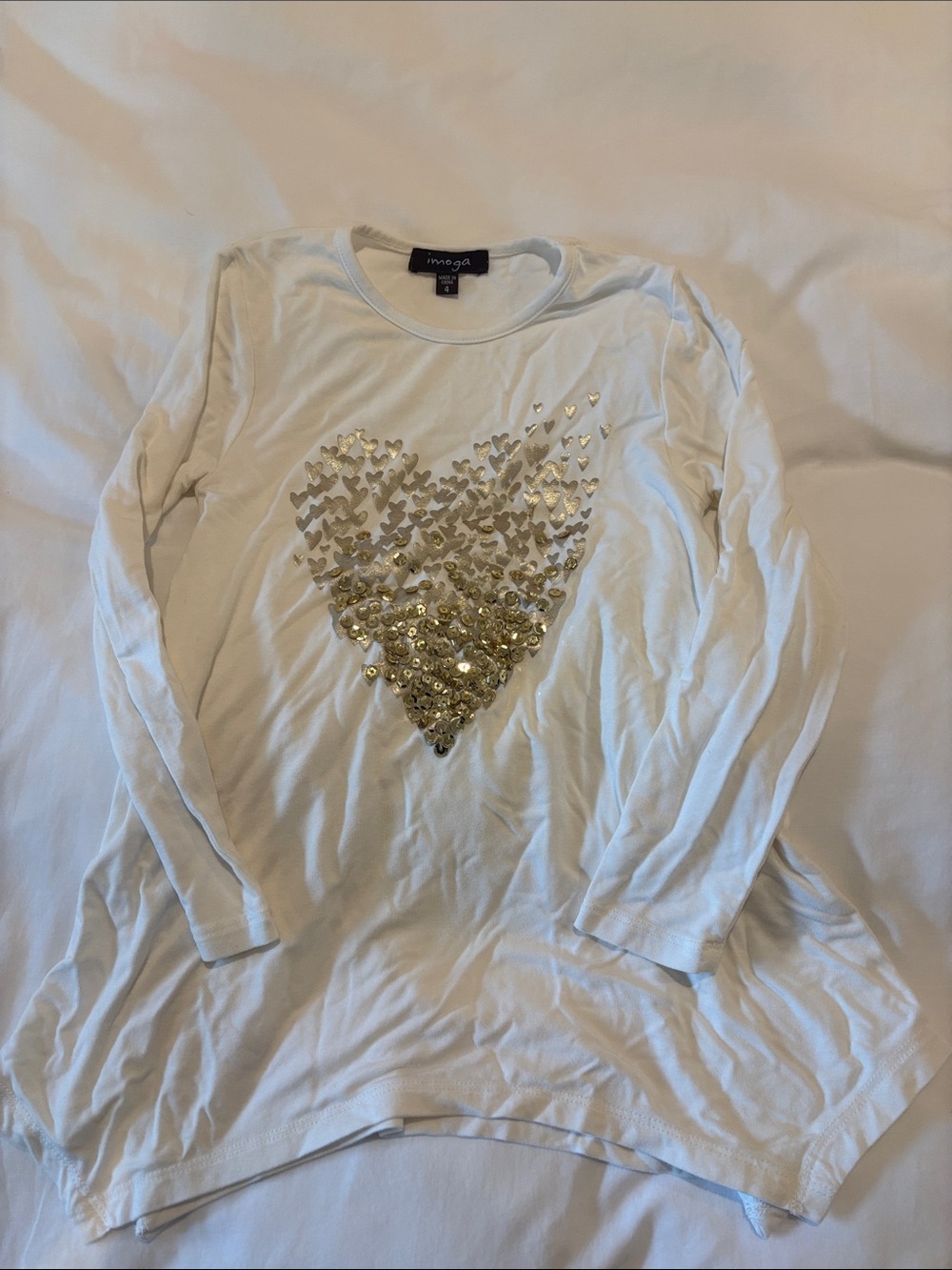 Imoga White Long Sleeve Tee with Gold Heart Sequins